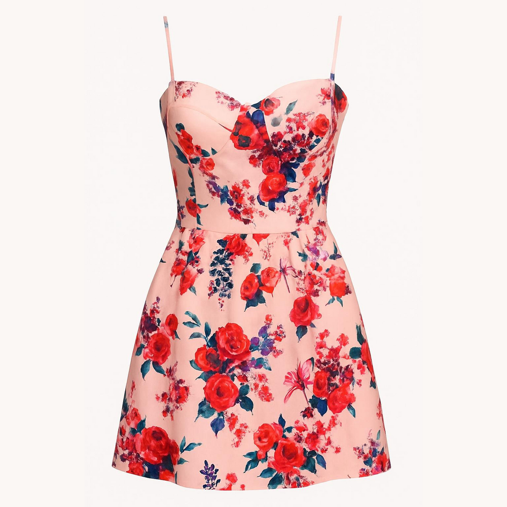 Pink Blue Floral Pleated Fit Flare Spaghetti Strap Dress Large